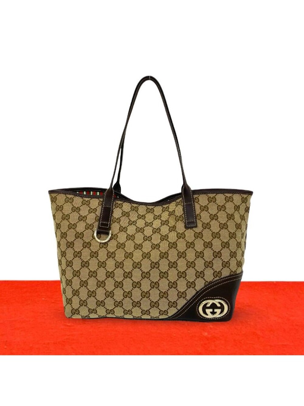Gucci New Brit GG Logo Pattern Canvas Leather Tote Bag Brown